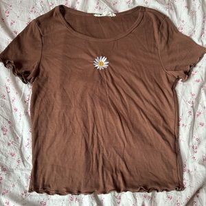 brown lettuce cut crop top with flower